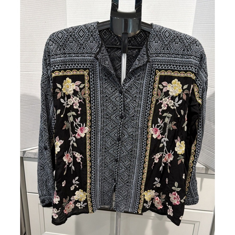 Johnny Was Rumi Blouse Tunic Embroidered Flowers Boho Geometric Black Button S